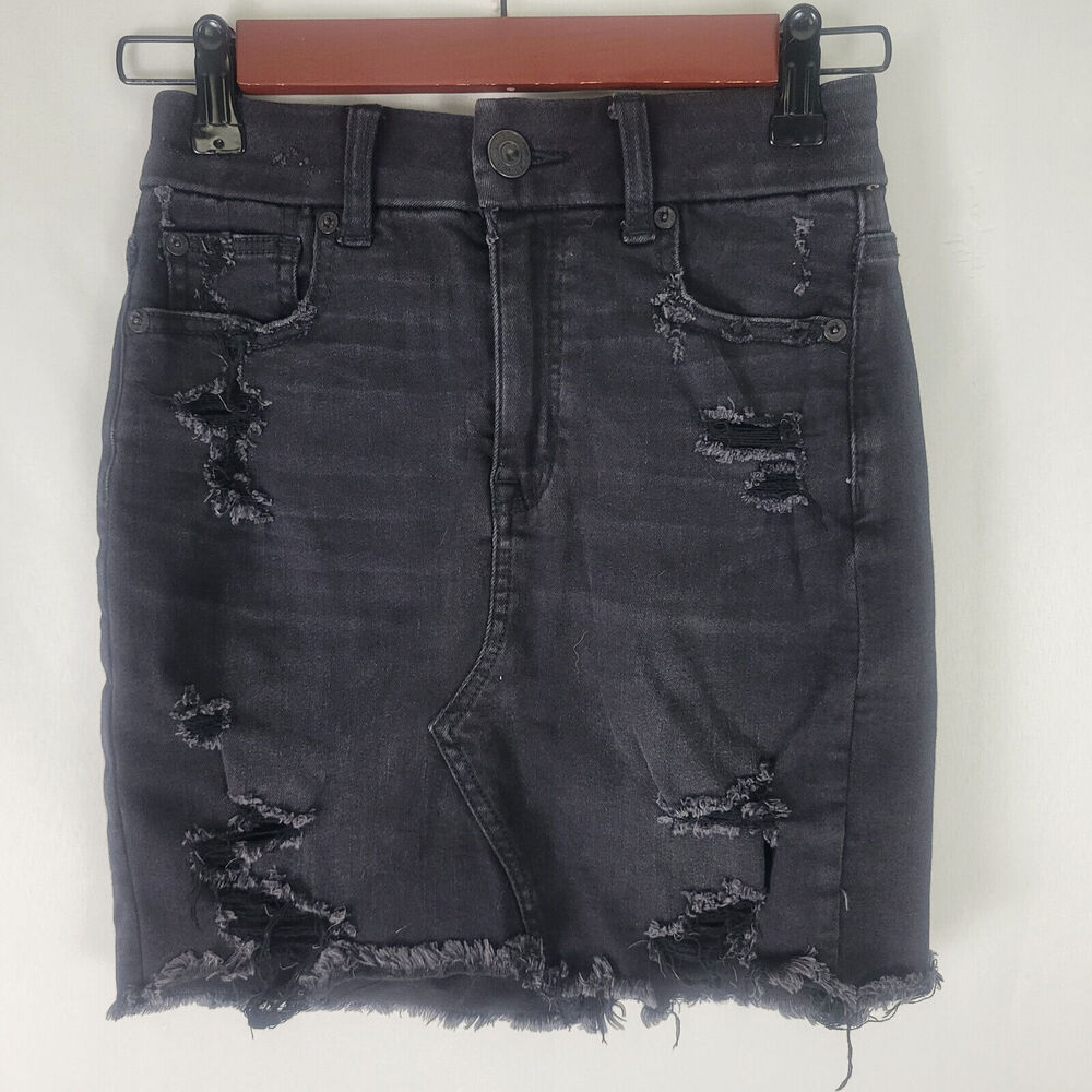 American Eagle‎ Denim Mini Skirt Womens 00 Charcoal Destroyed Raw Hem Distressed